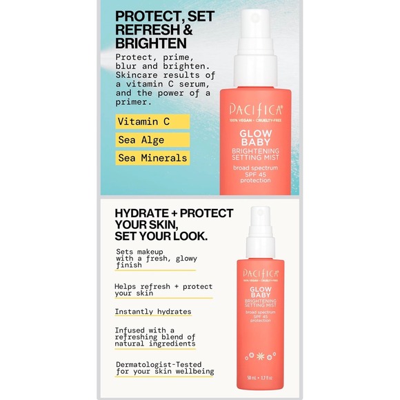 Pacifica Glow Baby Brightening Setting Mist SPF 45 Protection 1.7 fl oz - Picture 2 of 7